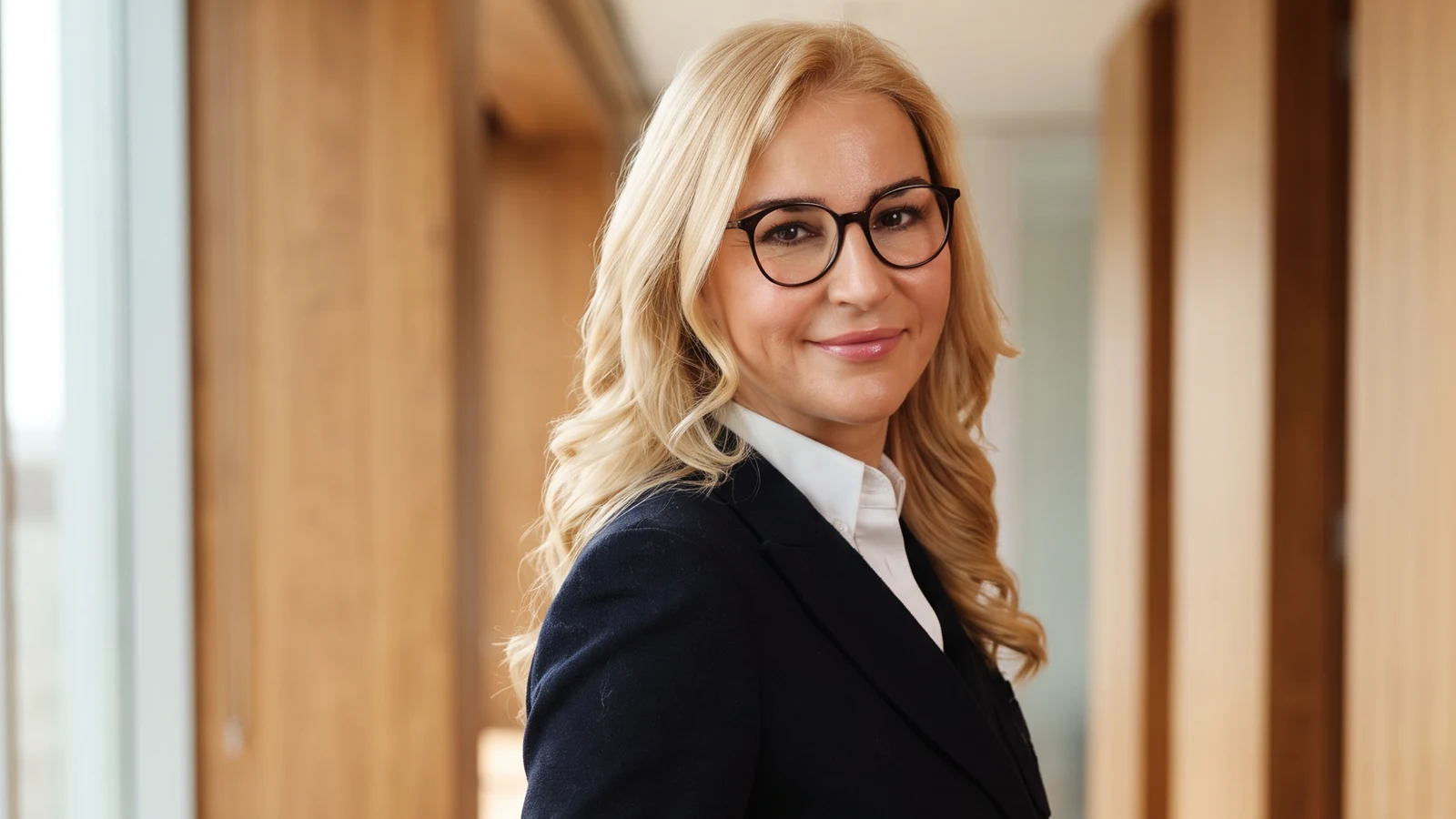 Anna Hermann im modernen Bürogebäude