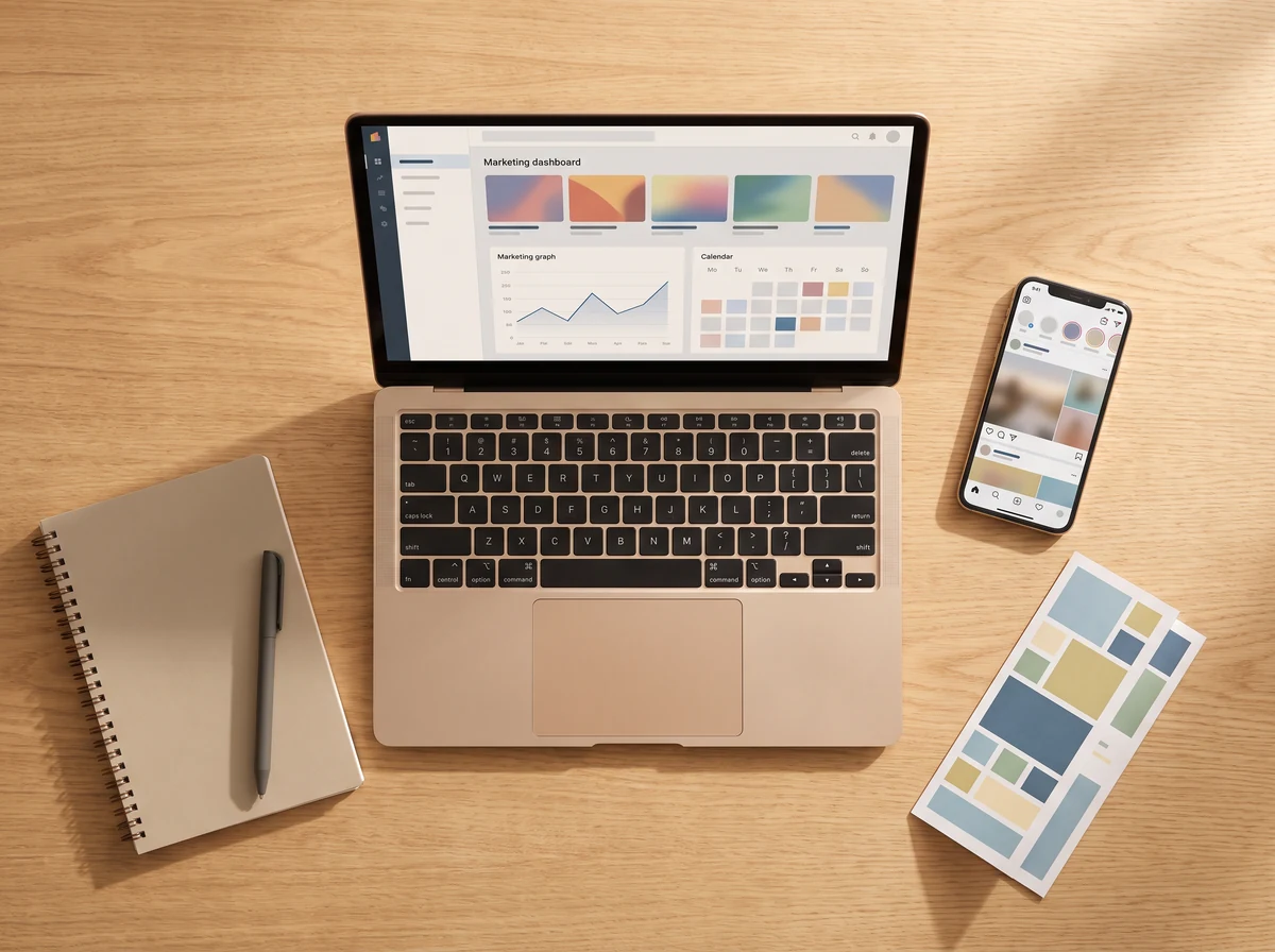 Tidy workspace with laptop, marketing dashboard, smartphone and printed layouts