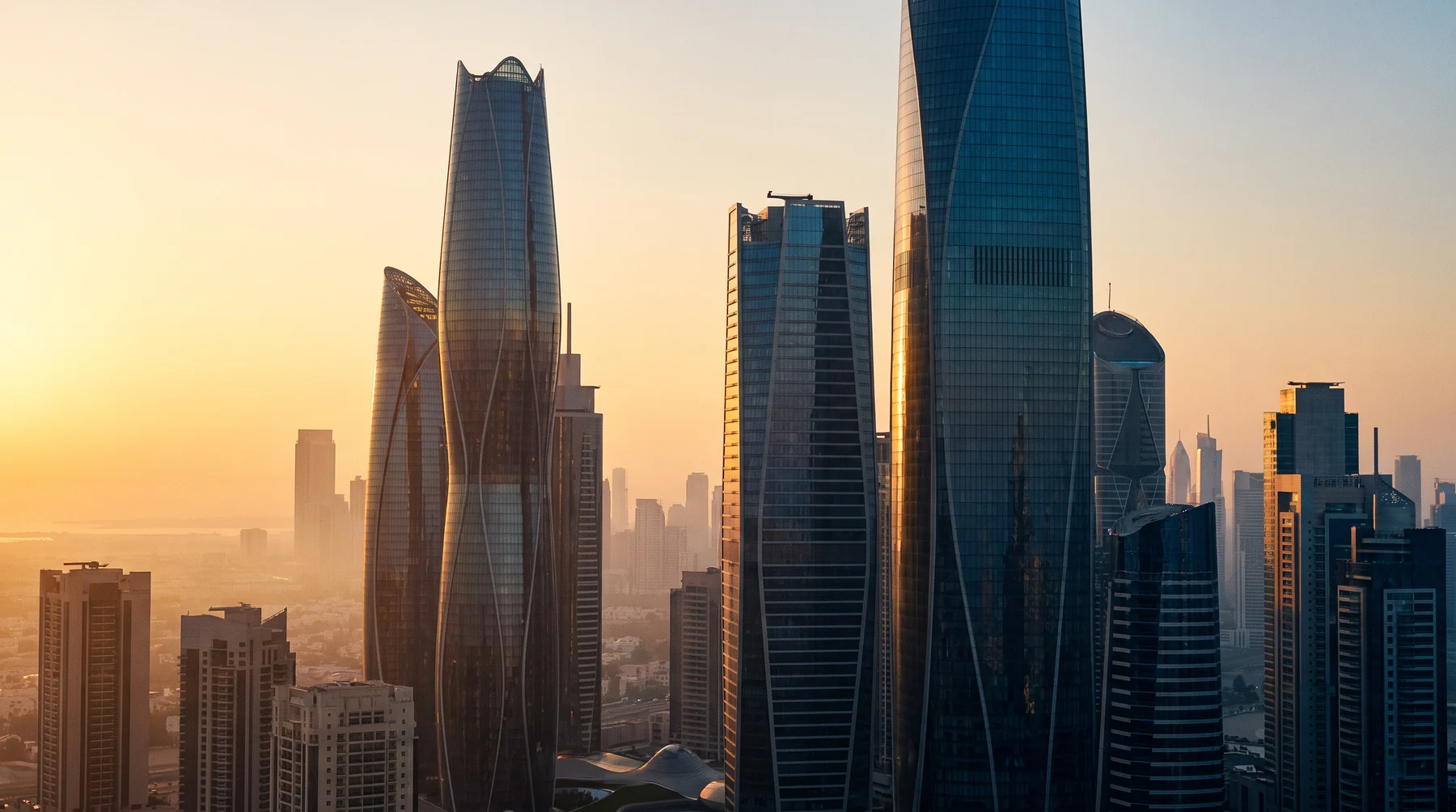 Moderne internationale Geschäfts-Skyline im warmen Abendlicht als Sinnbild für internationalen Marktzugang