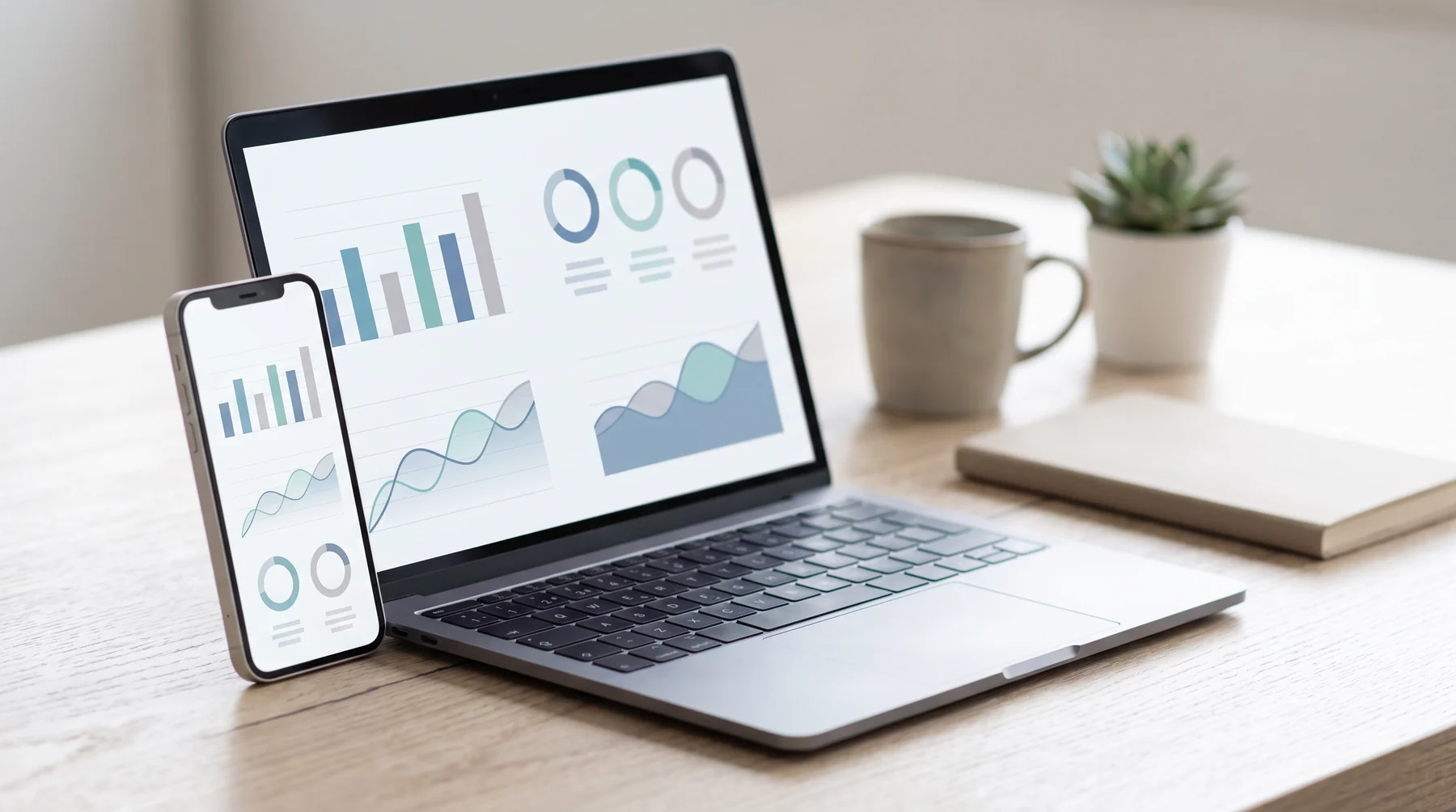 Laptop und Smartphone mit klaren Analytics-Grafiken als Sinnbild für Wertpotenziale und datenbasierte Entscheidungen