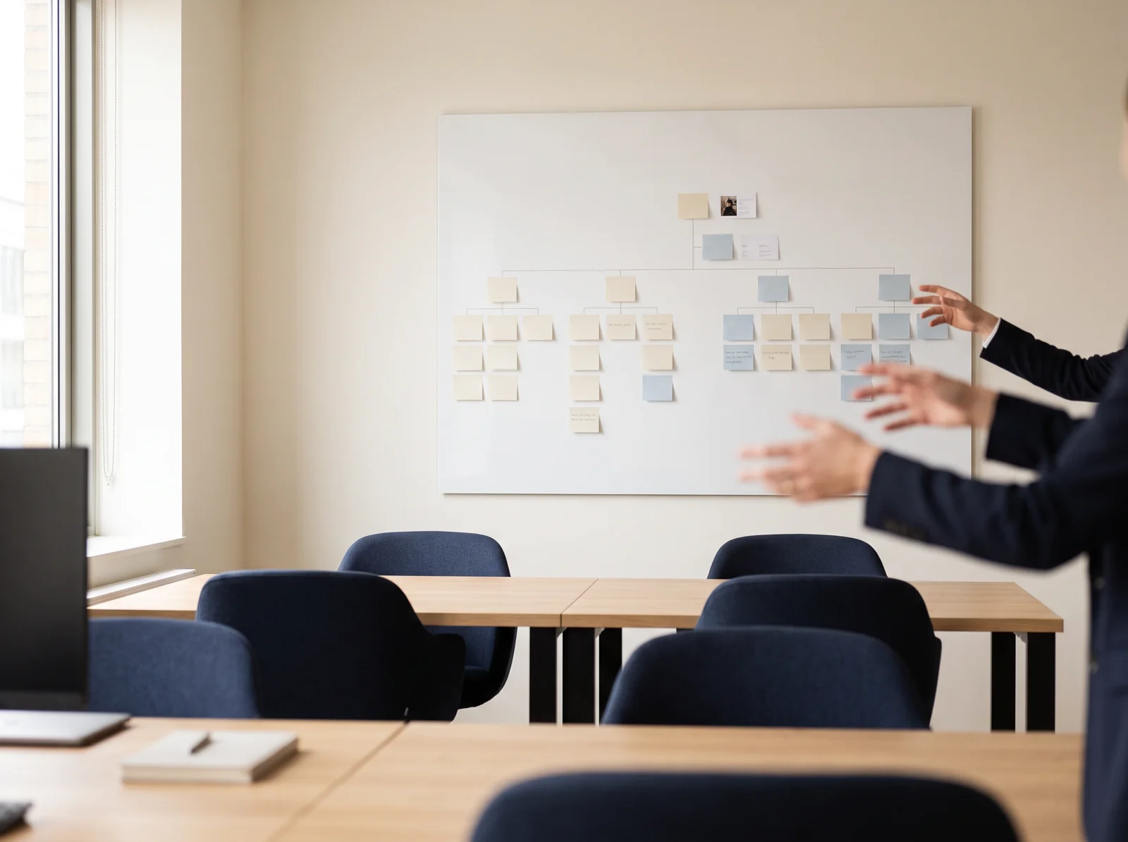 Modern office with an org chart on a whiteboard