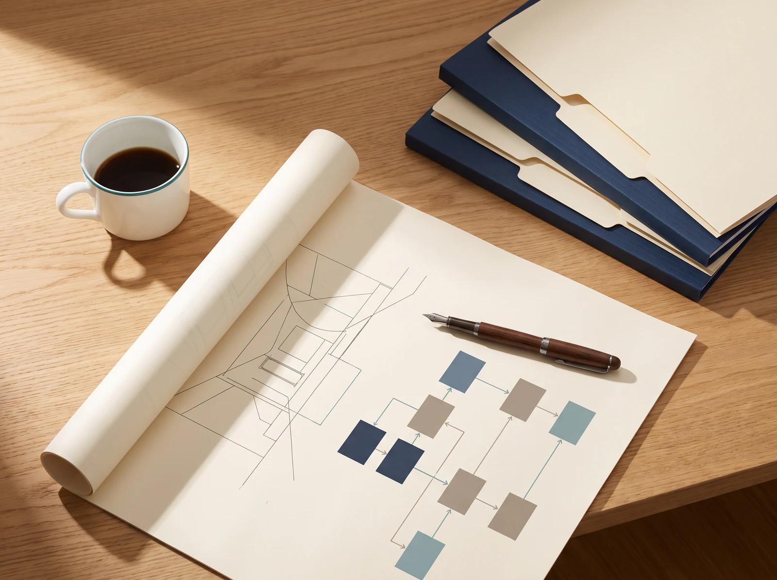 Editorial still life with paper, process diagram and fountain pen — for structured consulting work